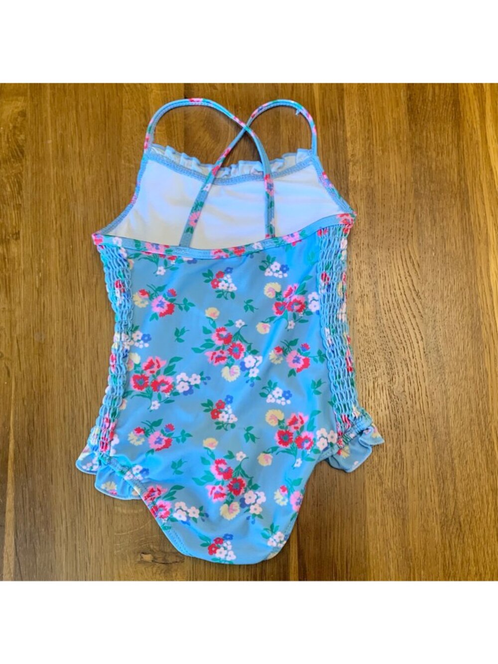 CATH KIDS Floral Swimsuit Girls 3-4 3T 4T Pink Blue Cross Back Ruffles Smocking - Picture 2 of 8